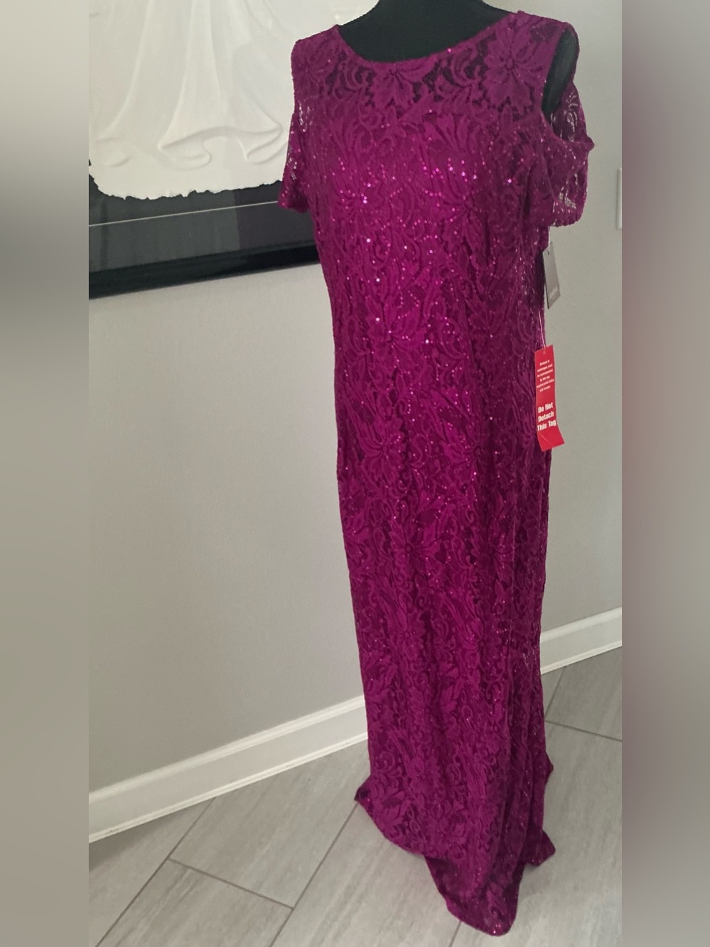 Marina women’s size 14 magenta sequin lace, long formal evening gown NWT